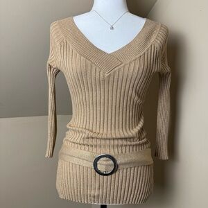 Hooked Up by IOT Tan V-Neck Ribbed Sweater with Belt Y2K Glitter Size Small